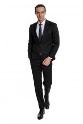 Desensiz İki Parça Slim Fit Siyah Erkek Takım Elbise - 6