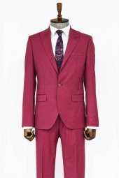 Desenli İki Parça Koyu Pembe Erkek Takım Elbise - 4