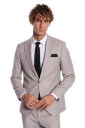 İki Parça Çizgili Slim Fit Gri Erkek Takım Elbise - 2