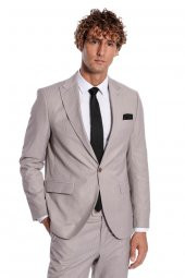 İki Parça Çizgili Slim Fit Gri Erkek Takım Elbise - 4