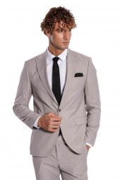İki Parça Çizgili Slim Fit Gri Erkek Takım Elbise - 6