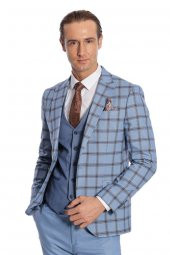 Ekose Ceketli Desenli Slim Fit Mavi Erkek Takım Elbise - 1