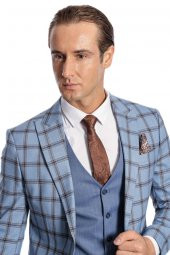 Ekose Ceketli Desenli Slim Fit Mavi Erkek Takım Elbise - 2