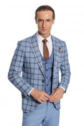 Ekose Ceketli Desenli Slim Fit Mavi Erkek Takım Elbise - 3