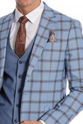 Ekose Ceketli Desenli Slim Fit Mavi Erkek Takım Elbise - 4