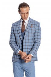 Ekose Ceketli Desenli Slim Fit Mavi Erkek Takım Elbise - 5