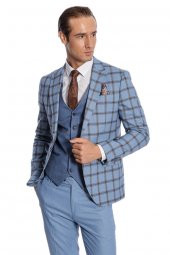 Ekose Ceketli Desenli Slim Fit Mavi Erkek Takım Elbise - 6