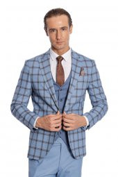 Ekose Ceketli Desenli Slim Fit Mavi Erkek Takım Elbise - 7