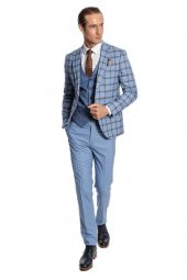 Ekose Ceketli Desenli Slim Fit Mavi Erkek Takım Elbise - 8