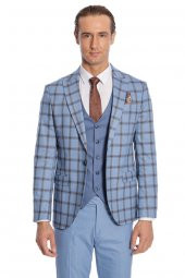 Ekose Ceketli Desenli Slim Fit Mavi Erkek Takım Elbise - 9