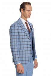 Ekose Ceketli Desenli Slim Fit Mavi Erkek Takım Elbise - 10