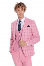 Ekose Ceketli Desenli Slim Fit Pembe Erkek Takım Elbise - 1
