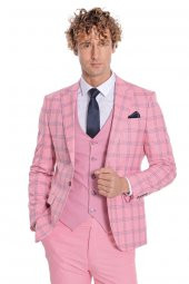 Ekose Ceketli Desenli Slim Fit Pembe Erkek Takım Elbise - 3