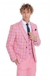 Ekose Ceketli Desenli Slim Fit Pembe Erkek Takım Elbise - 5