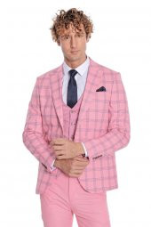 Ekose Ceketli Desenli Slim Fit Pembe Erkek Takım Elbise - 7