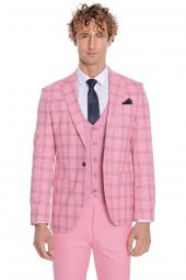 Ekose Ceketli Desenli Slim Fit Pembe Erkek Takım Elbise - 8