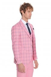 Ekose Ceketli Desenli Slim Fit Pembe Erkek Takım Elbise - 9