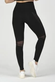 Siyah Yüksek Bel Tül Detaylı ve Garnili Spor Tayt - 3