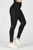 Siyah Yüksek Bel Tül Detaylı ve Garnili Spor Tayt - 1
