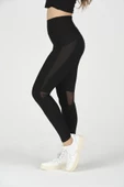 Siyah Yüksek Bel Tül Detaylı ve Garnili Spor Tayt - 5