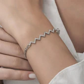 Zikzak Desenli Rodyum Kaplama Taşlı 925 Gümüş Kadın Bileklik - 3