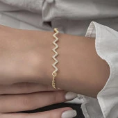 Zikzak Desenli Altın Kaplama Taşlı 925 Gümüş Kadın Bileklik - 4