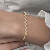 Zikzak Desenli Altın Kaplama Taşlı 925 Gümüş Kadın Bileklik - 6