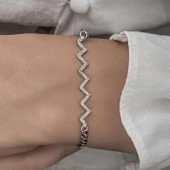 Zikzak Desenli Rodyum Kaplama Taşlı 925 Gümüş Kadın Bileklik - 7