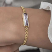 Mor Baget Taşlı Altın Kaplama 925 Gümüş Kadın Bileklik - 11