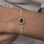 Zirkon Mor Baget Taşlı Altın Kaplama 925 Gümüş Kadın Bileklik - 12