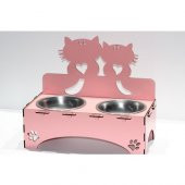 Kediler İçin Özel Yapım Lazer Kesim Çiftli Ahşap Mama Ünitesi Pembe - 1