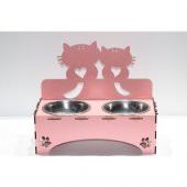 Kediler İçin Özel Yapım Lazer Kesim Çiftli Ahşap Mama Ünitesi Pembe - 3