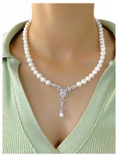 Baget Zirkon Pırlanta Model 925 Gümüş İnci Gerdanlık Kolye - 3