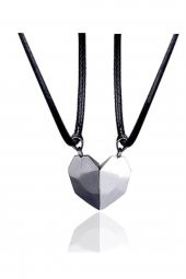 Gri Siyah Iki Adet Mıknatıslı Çift Kalp Sevgili Metal Kolye Takı - 1