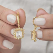 Zirkon Baget Taşlı Altın Kaplama 925 Gümüş Küpe - 1