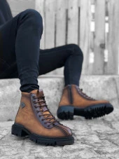 BA0217 Desenli Bağcıklı Fermuarlı Tokalı Taba Erkek Klasik Spor Klasik Yarım Bilek Bot thumbnail 1