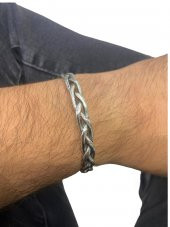 925 Gümüş İki Kalın Tel Örme El Üretim Bilezik Unisex Bileklik - 4