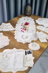 Çeyiz Diyarı Fiyonk Nakışlı 19 Parça Amerikan Servis Seti Krem Cappucino thumbnail 9