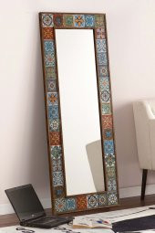 Etnik Çini Seramik 60x148 CM Doğal Ağaç Çerçeveli Salon Ofis Mutfak Duvar Konsol Boy Aynası - 3