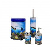 SİLİWAX OKYANUS DESEN-4Lü Set Pedallı Yavaş kapanır Çöp Kovası Wc Klozet Fırça Sabunluk Diş Fırçalık - 1