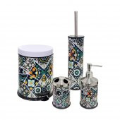 SİLİWAX RETRO DESEN-4 Lü Set Pedallı  Yavaş kapanır Çöp Kovası Wc Klozet Fırça Sabunluk Diş Fırçalık Seti - 1
