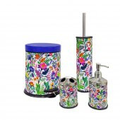 SİLİWAX BAHAR DESEN-4Lü Set Pedallı Yavaş kapanır Çöp Kovası Wc Klozet Fırça Sabunluk Diş Fırçalık - 1