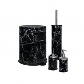 SİLİWAX SİYAH MERMER-4 Lü Set Pedallı Çöp Kovası Wc Klozet Fırça Sabunluk Diş Fırçalık Seti - 1