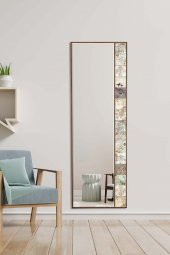 Bavyera Doğal Ağaç 50x152 Cm Çerçeveli Antik Limra Taş Kaplı Salon Duvar Konsol Ofis Boy Aynası - 1