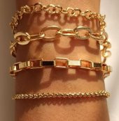 Kadın Altın Dörtlü Düz Kombin Zincir Bileklik - 239 - 1