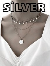 Yuvarlak Detaylı Çok Pullu Çok Katmanlı Gümüş Renk Kolye - 492 - 1