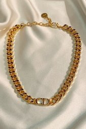 Kadın Gold Cd Harfli Christian Dior Model Kalın Zincir Kolye Altın Renk - 335 - 1