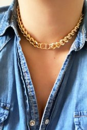 Kadın Gold Cd Harfli Christian Dior Model Kalın Zincir Kolye Altın Renk - 335 - 2