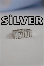Kadın Amour Yazılı Gümüş Renk Ayarlanabilir Yüzük - 440 - 1