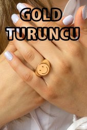 Turuncu Mineli Gülen Yüz Yüzük- Altın Kaplama, Ayarlanabilir - 433 - 1